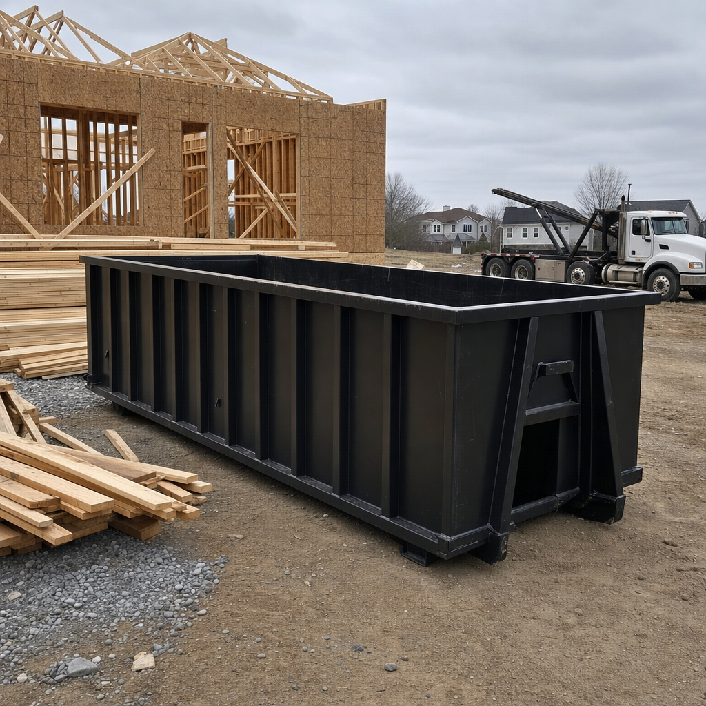 Matte-black 40-yard roll-off dumpster staged on a framed-out residential construction site in Westland, framing lumber stacked nearby, hooklift delivery truck visible in the background under bright Colorado daylight