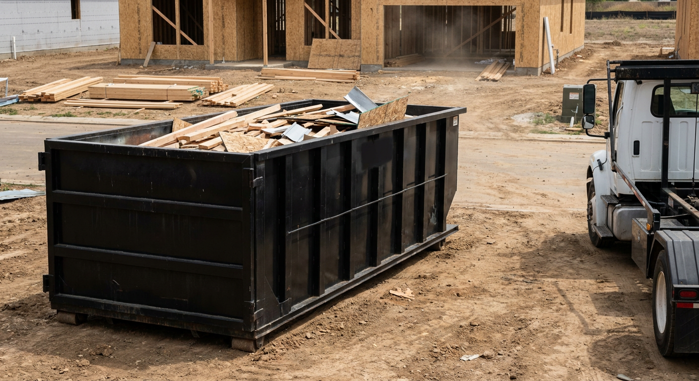 Matte-black 20-yard roll-off construction dumpster with heavy ribbed steel sidewalls and swing rear doors at a working jobsite in Westland, sitting directly on compacted dirt with an unmarked white hauler partially visible at the far edge of the frame.