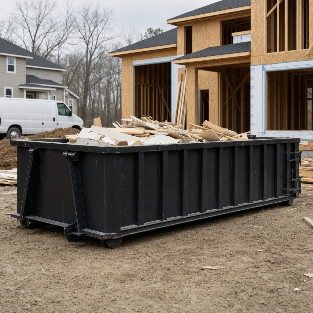 Worker in a yellow high-visibility vest tossing framing lumber and broken drywall into a matte-black 30-yard construction roll-off dumpster on an active build site in Westland, bright daylight