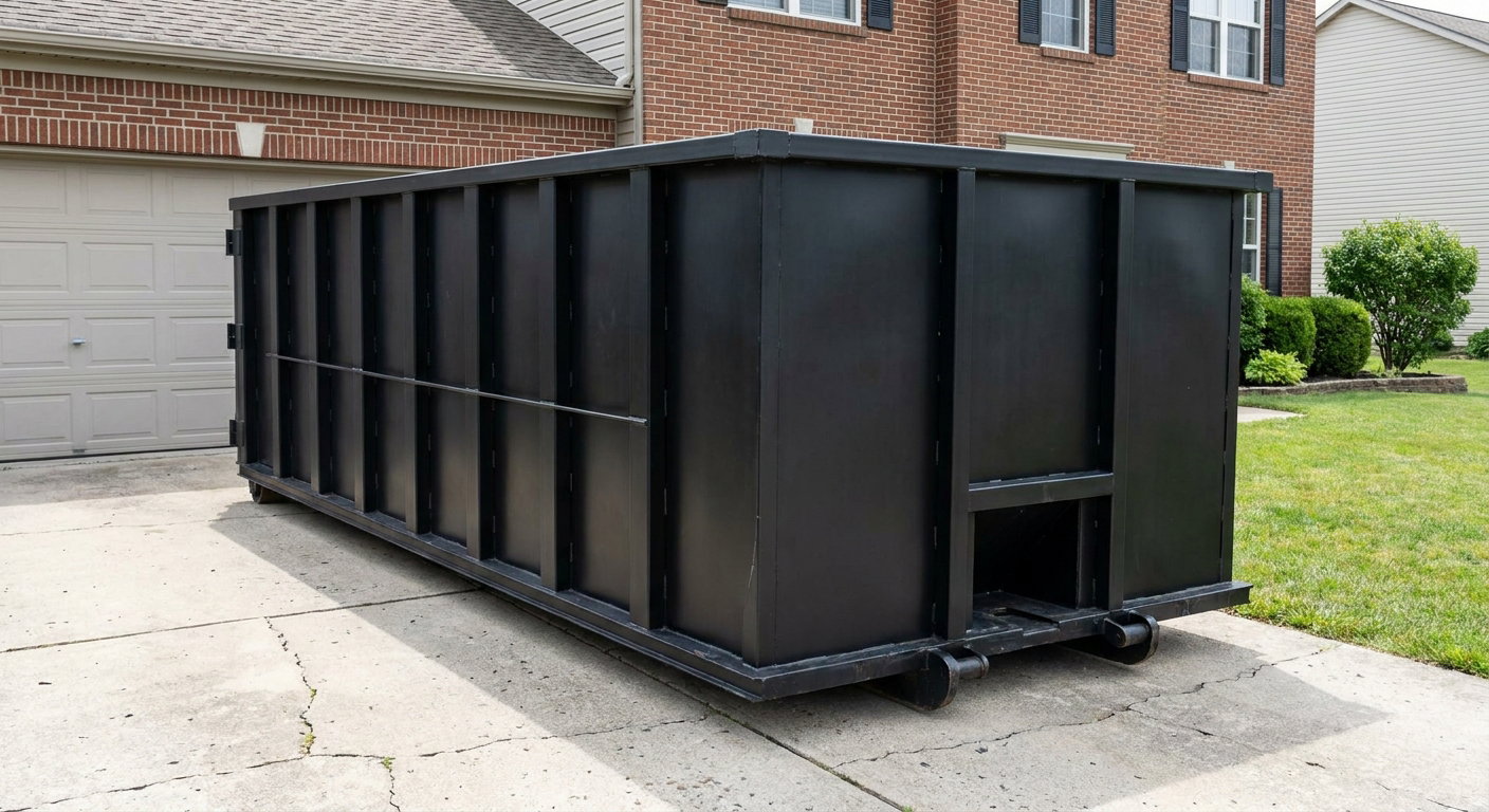 Matte-black 20-yard roll-off container on a Westland residential concrete driveway with reinforced ribbed steel sidewalls and a hinged rear walk-in door, clean bright daylight.
