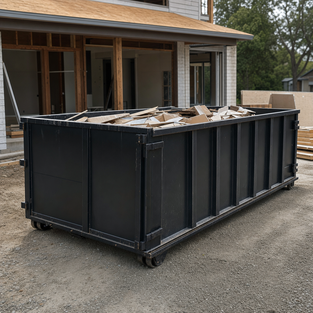 Large matte-black 30-yard construction roll-off dumpster at an active Westland jobsite, steel-gray top rails and bottom rollers visible, loaded with construction debris.