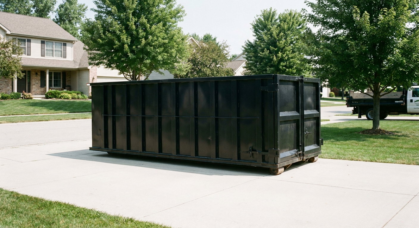 Matte-black 20-yard roll-off dumpster sitting level on a clean Westland residential concrete driveway under bright daylight, demonstrating clean placement directly on the concrete.
