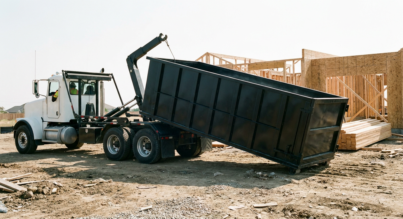 Matte-black roll-off dumpster being delivered onto a clean residential concrete driveway in Westland by an unmarked white hooklift hauler truck, bright morning daylight, documentary 35mm perspective.