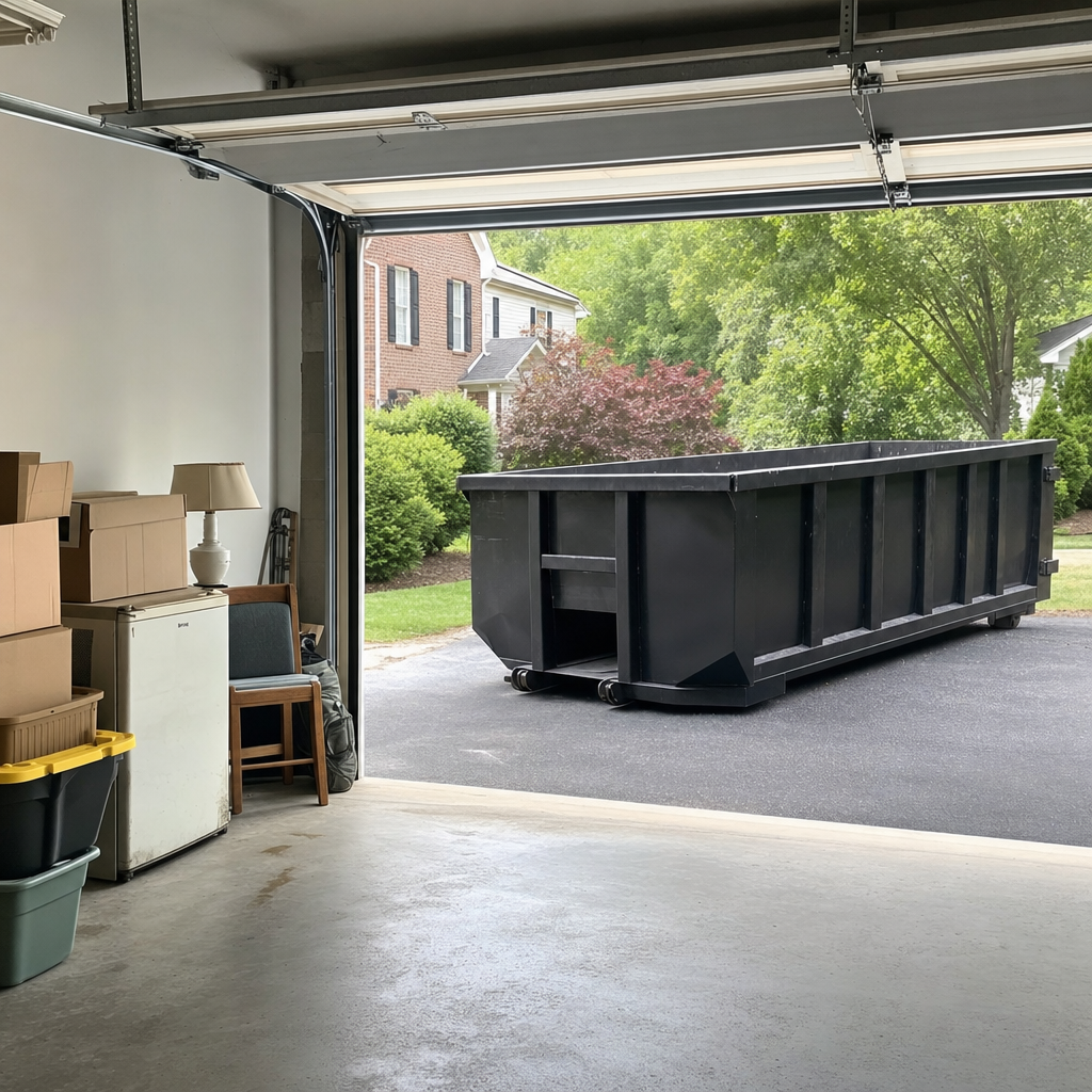 Open garage interior in a Westland home mid-cleanout — boxed items, an old appliance, and stacked yard tools queued near the driveway for a matte-black roll-off dumpster, organized and calm