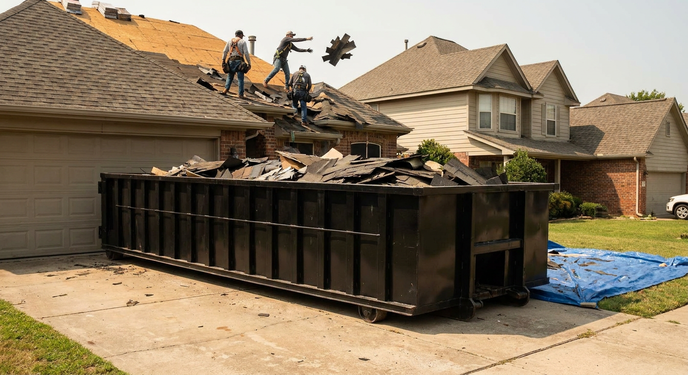 Matte-black roofing roll-off dumpster placed directly on a Westland residential concrete driveway, a tear-off crew on a two-story asphalt-shingle roof tossing shingle bundles into the low-walled container, bright daylight, documentary 35mm perspective.