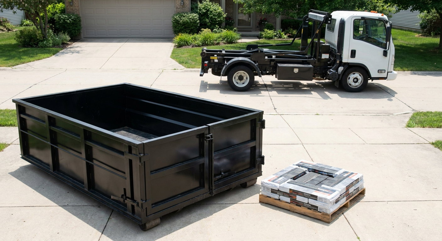 Matte-black 15-yard roofing roll-off dumpster with reinforced low side walls sitting directly on a Westland residential concrete driveway, three-tab asphalt shingle bundles stacked nearby, an unmarked white hauler truck partially visible at the edge of the frame.