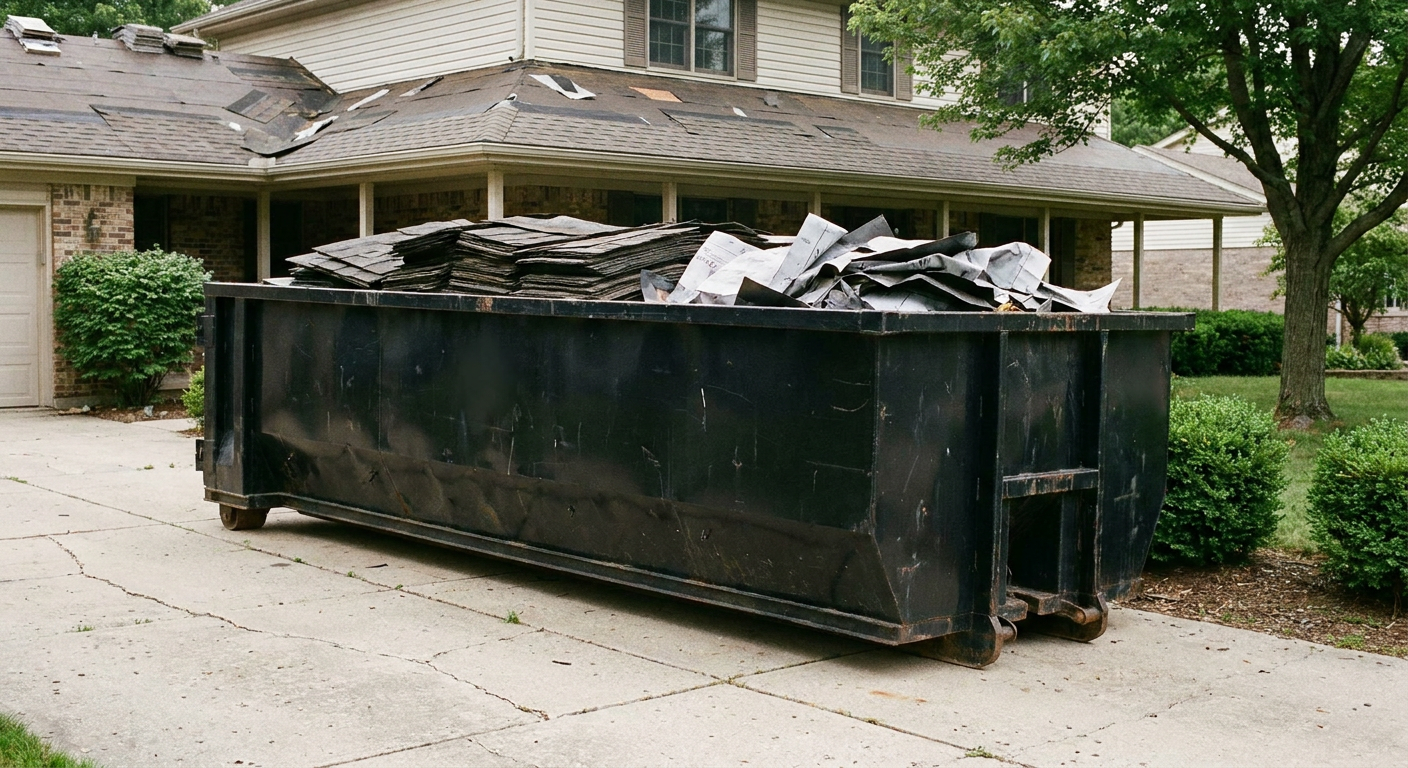 Matte-black 30-yard roofing roll-off dumpster sitting directly on a Westland concrete driveway, taller ribbed steel side panels, mixed tear-off debris of asphalt shingles and underlayment inside, professional documentary daylight.