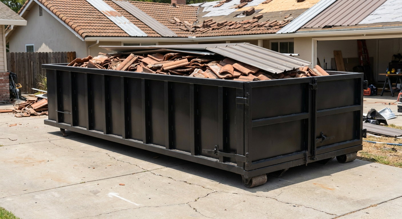 Matte-black low-wall heavy-debris roofing roll-off dumpster sitting directly on a Westland concrete driveway, broken concrete clay roof tiles and metal panel sections loaded inside, reinforced ribbed steel side walls visible, bright outdoor daylight.