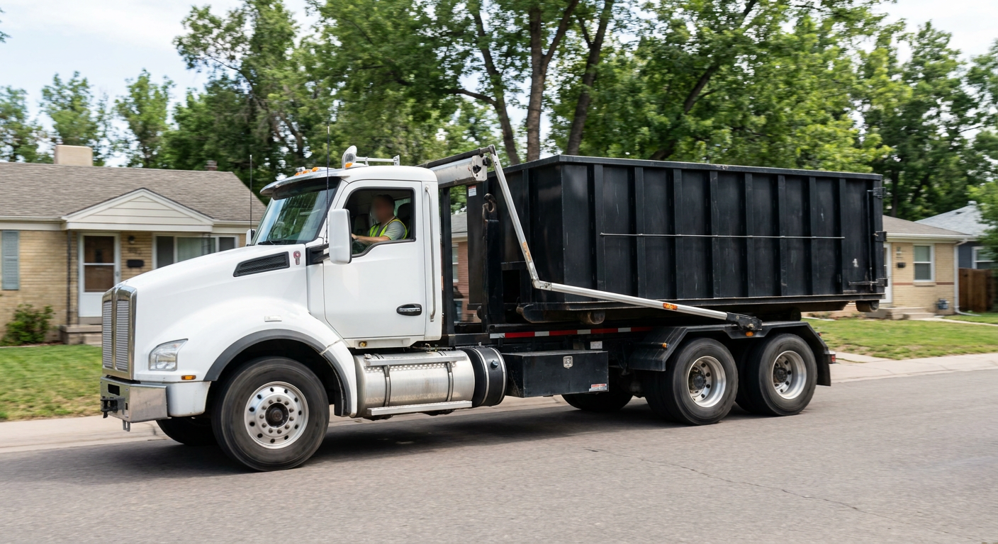 A wide documentary shot of a matte-black roll-off delivery truck pulling onto a quiet Westland residential street at mid-morning, with neighborhood rooftops and tree-lined blocks visible behind, showing the metro coverage footprint.