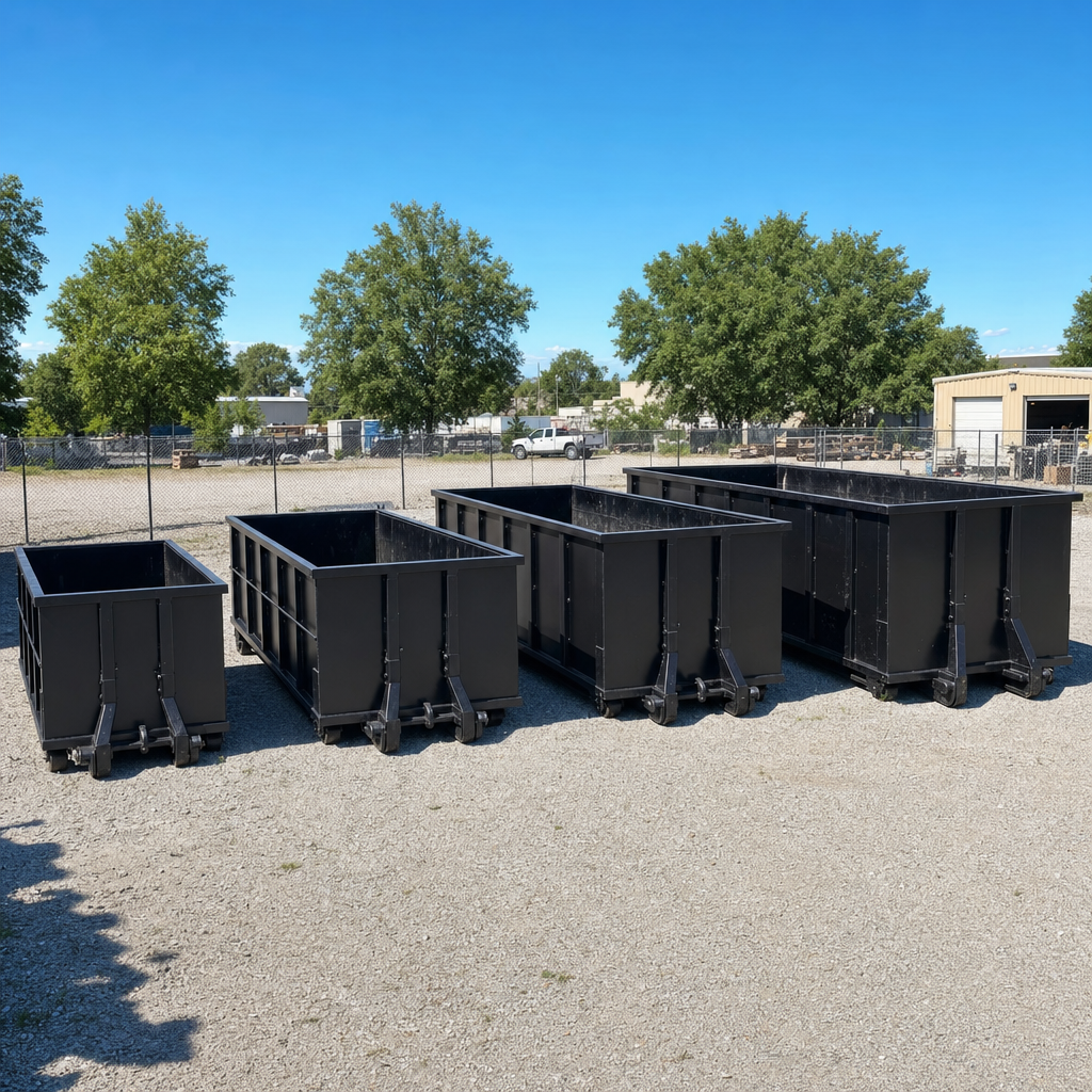 A clean lineup of matte-black roll-off dumpsters in 10, 20, 30, and 40-yard sizes staged on a sunlit gravel yard in Westland, showing the size progression from compact to commercial-scale containers.