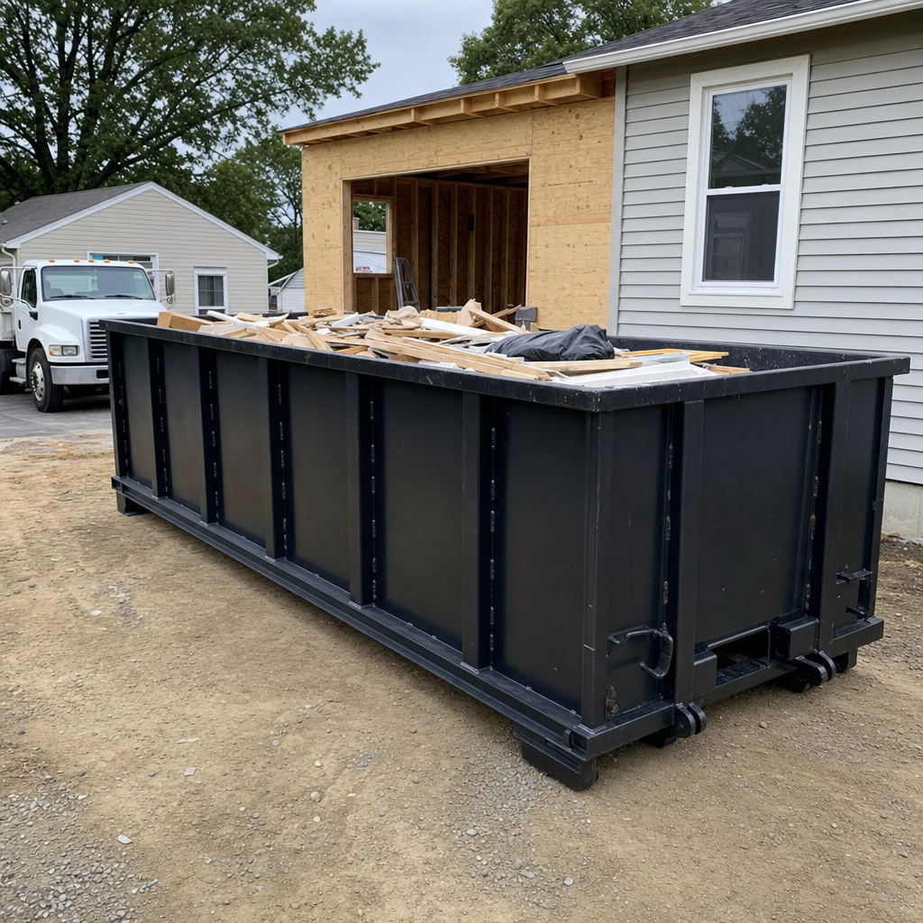 A matte-black 30-yard roll-off dumpster positioned at a Westland residential addition jobsite, with framing lumber and drywall scraps loaded through the open swinging rear doors.
