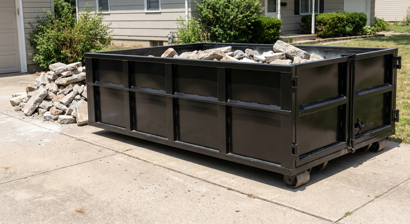 A matte-black low-side heavy-debris roll-off dumpster placed directly on a Westland concrete driveway, with broken concrete chunks neatly stacked beside it under clean daylight.